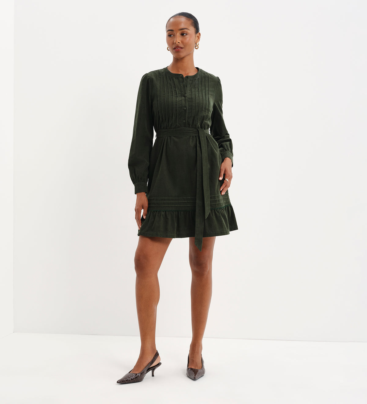 Marianne Green Corduroy Pintuck Belted Tiered Mini Dress