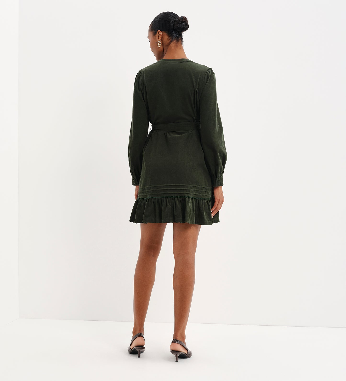 Marianne Green Corduroy Pintuck Belted Tiered Mini Dress