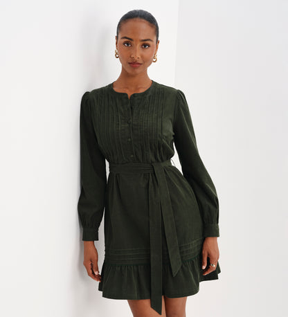 Marianne Green Corduroy Pintuck Belted Tiered Mini Dress