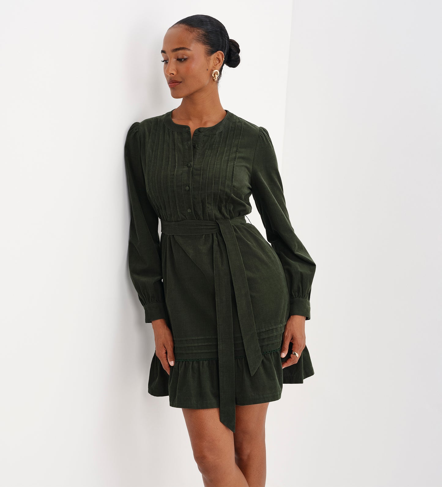 Marianne Green Corduroy Pintuck Belted Tiered Mini Dress
