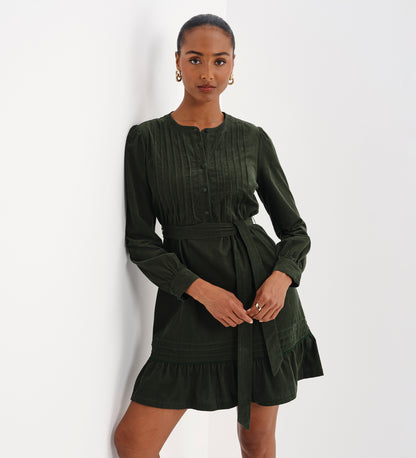Marianne Green Corduroy Pintuck Belted Tiered Mini Dress