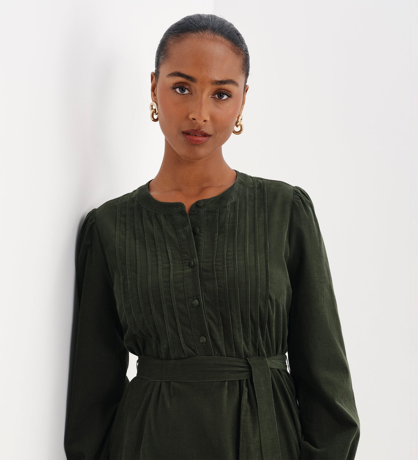 Marianne Green Corduroy Pintuck Belted Tiered Mini Dress