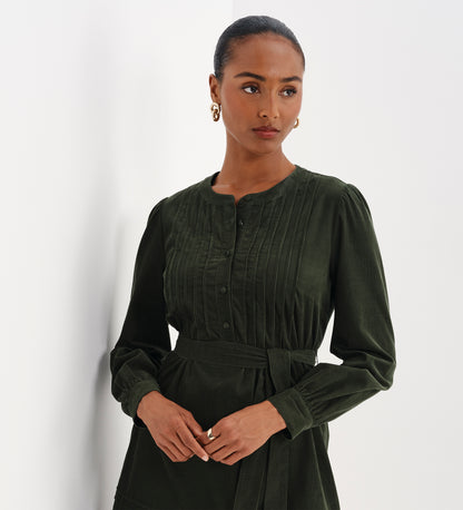 Marianne Green Corduroy Pintuck Belted Tiered Mini Dress