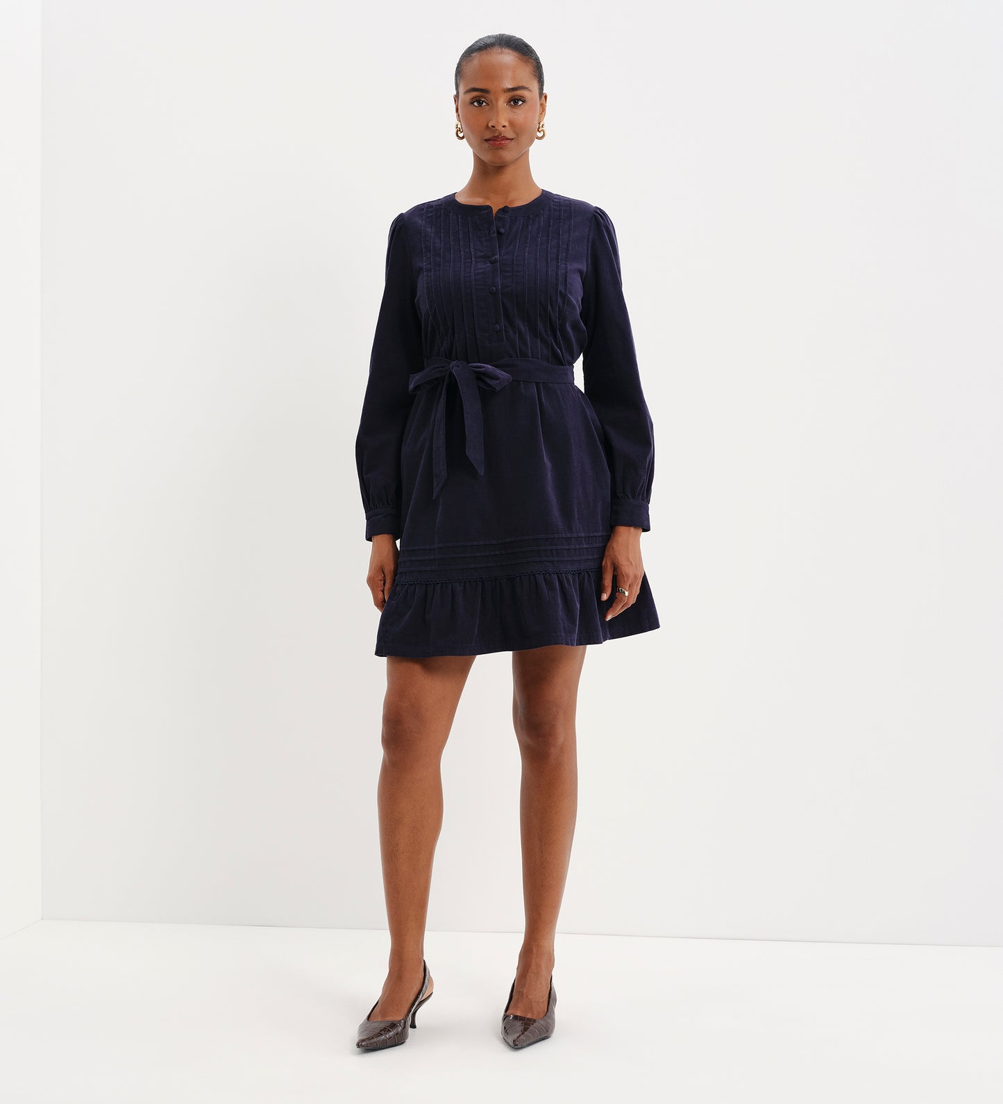 Marianne Navy Corduroy Pintuck Belted Tiered Mini Dress