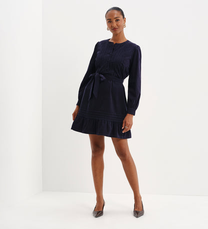 Marianne Navy Corduroy Pintuck Belted Tiered Mini Dress
