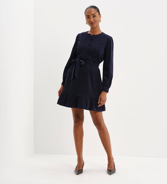 Marianne Navy Corduroy Pintuck Belted Tiered Mini Dress