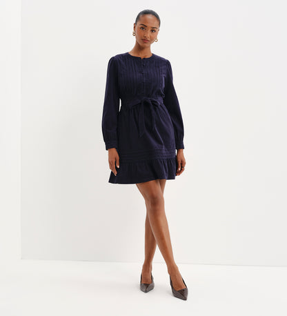 Marianne Navy Corduroy Pintuck Belted Tiered Mini Dress