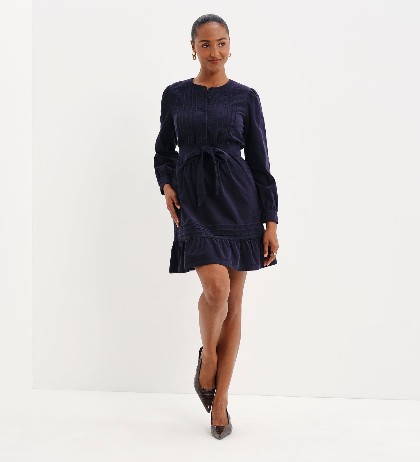 Marianne Navy Corduroy Pintuck Belted Tiered Mini Dress