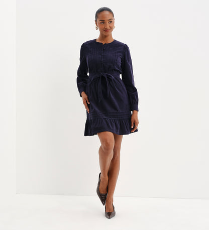 Marianne Navy Corduroy Pintuck Belted Tiered Mini Dress