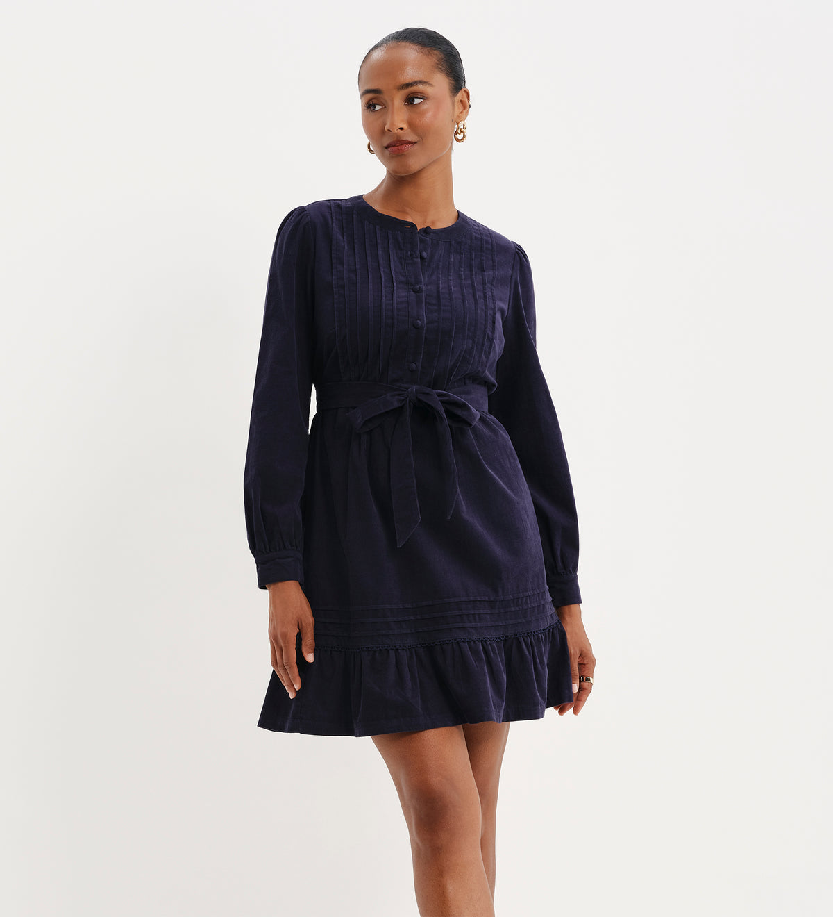 Marianne Navy Corduroy Pintuck Belted Tiered Mini Dress