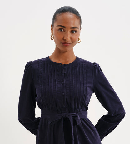 Marianne Navy Corduroy Pintuck Belted Tiered Mini Dress