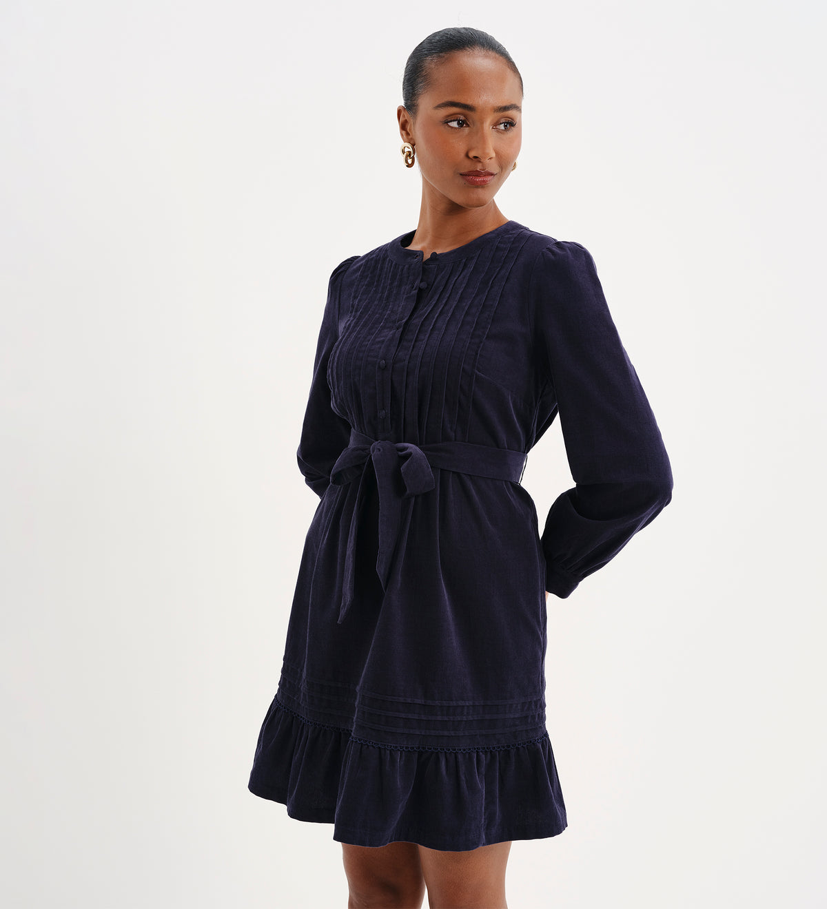 Marianne Navy Corduroy Pintuck Belted Tiered Mini Dress
