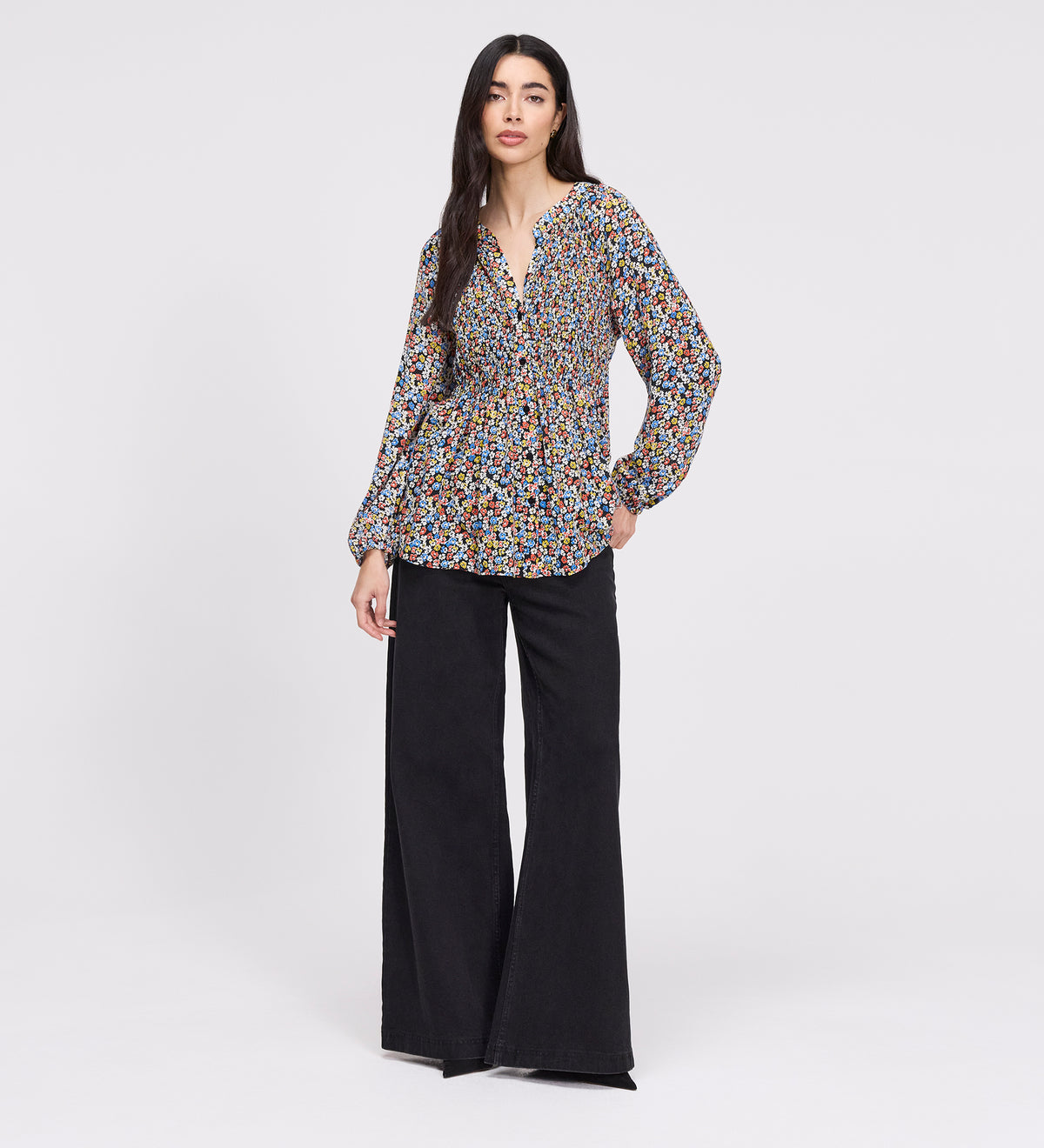Martha Orange Flowers Shirred Body Long Sleeve Blouse