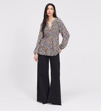 Martha Orange Flowers Shirred Body Long Sleeve Blouse