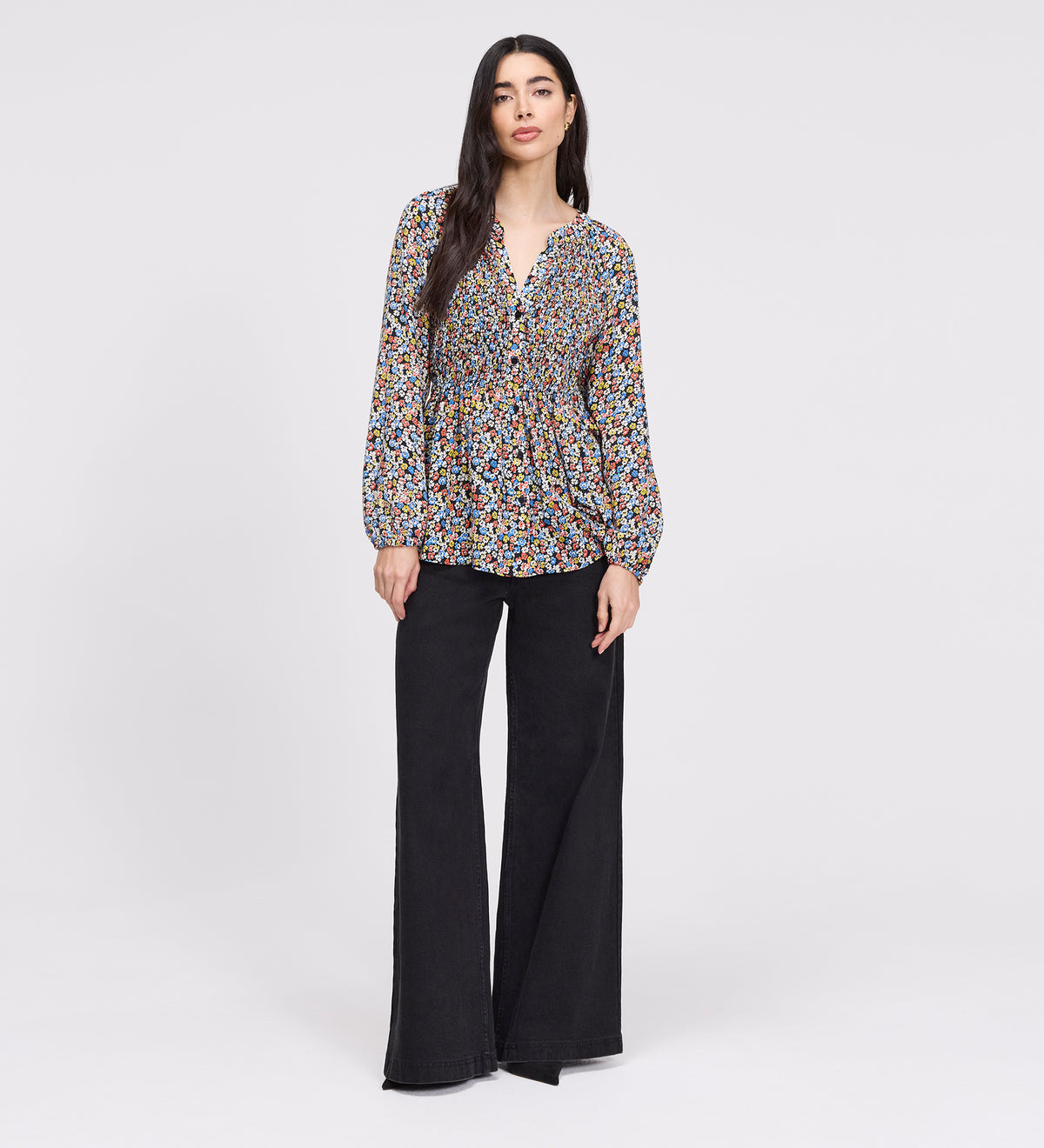 Martha Orange Flowers Shirred Body Long Sleeve Blouse