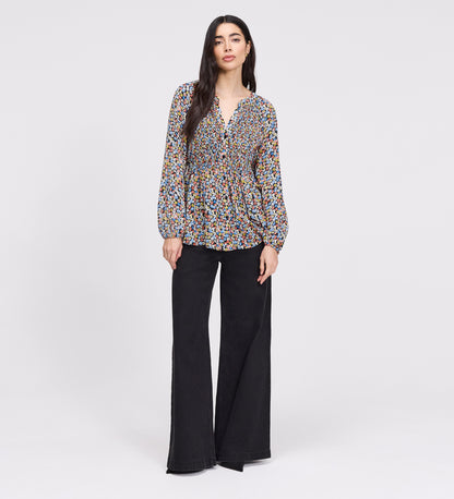 Martha Orange Flowers Shirred Body Long Sleeve Blouse