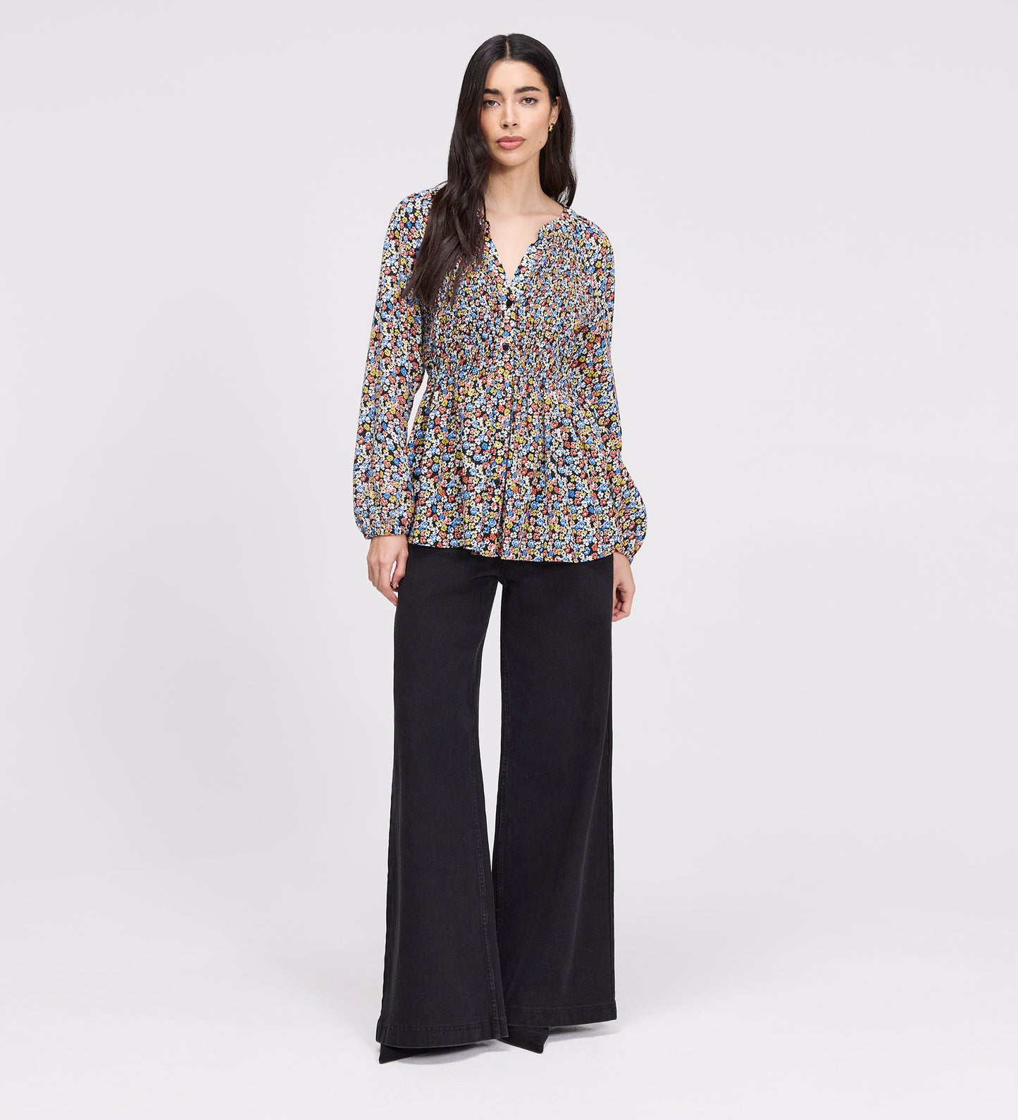 Martha Orange Flowers Shirred Body Long Sleeve Blouse