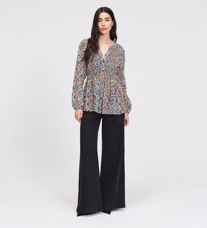 Martha Orange Flowers Shirred Body Long Sleeve Blouse