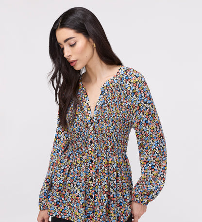 Martha Orange Flowers Shirred Body Long Sleeve Blouse