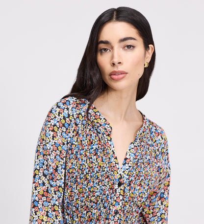 Martha Orange Flowers Shirred Body Long Sleeve Blouse