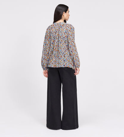 Martha Orange Flowers Shirred Body Long Sleeve Blouse