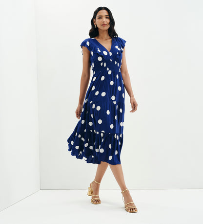 Mattie Navy Polka Dot Frill Sleeve Empire Waist Tiered Midi Dress