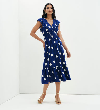 Mattie Navy Polka Dot Frill Sleeve Empire Waist Tiered Midi Dress