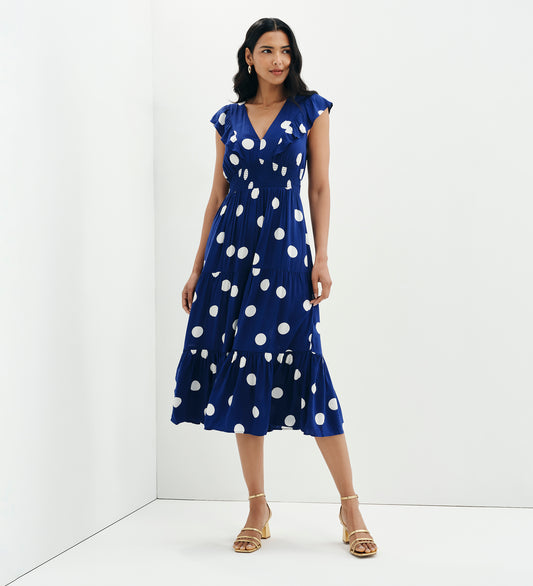 Mattie Navy Polka Dot Frill Sleeve Empire Waist Tiered Midi Dress
