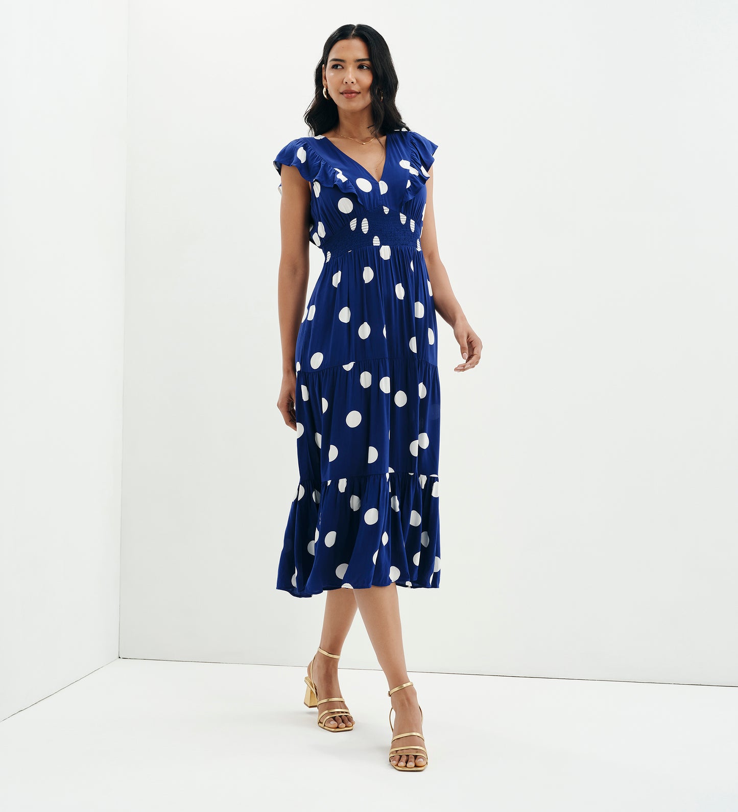 Mattie Navy Polka Dot Frill Sleeve Empire Waist Tiered Midi Dress