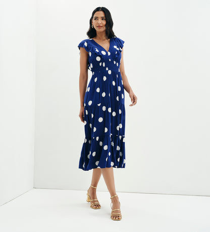 Mattie Navy Polka Dot Frill Sleeve Empire Waist Tiered Midi Dress
