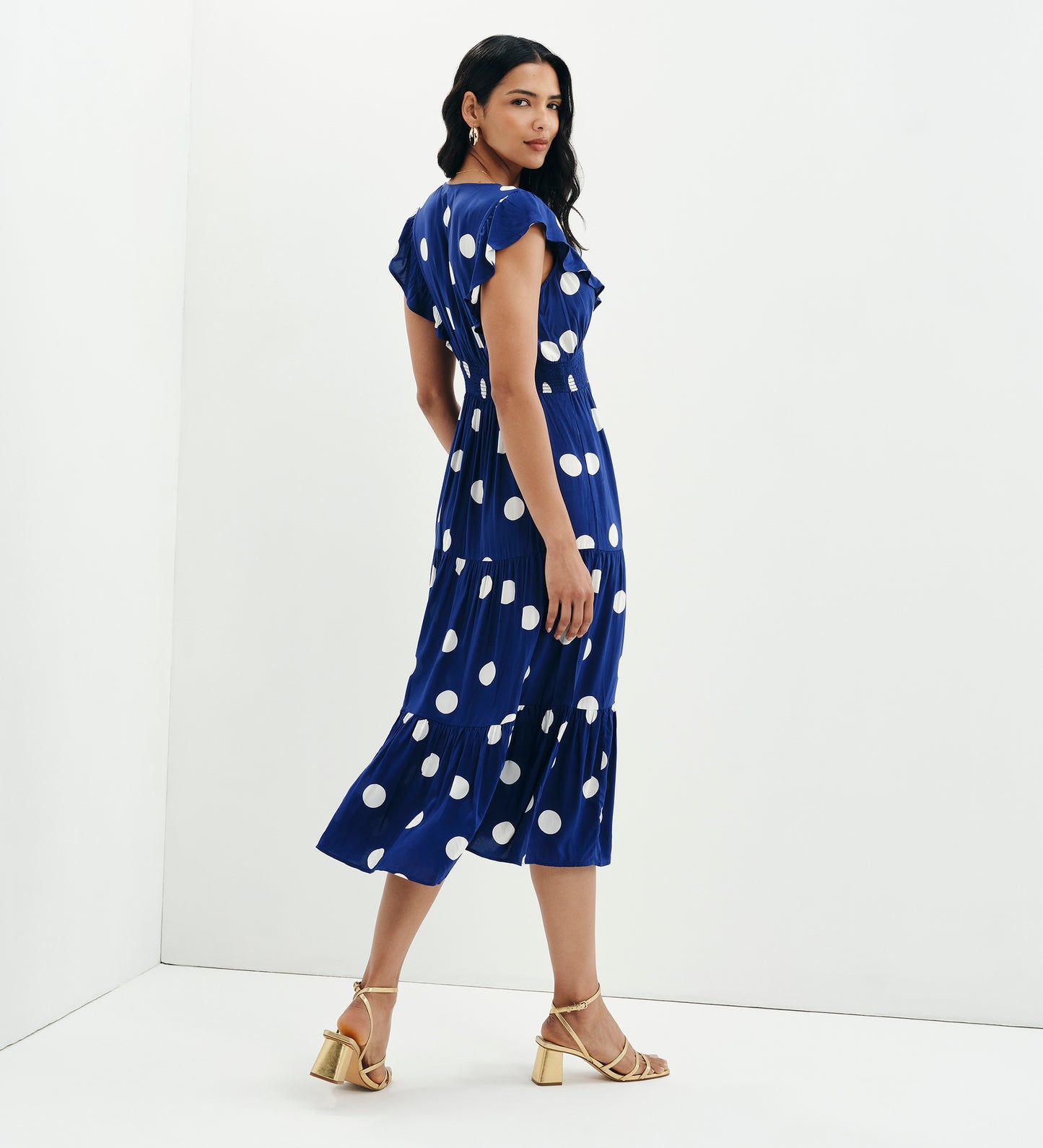 Mattie Navy Polka Dot Frill Sleeve Empire Waist Tiered Midi Dress