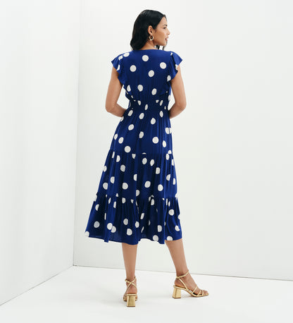 Mattie Navy Polka Dot Frill Sleeve Empire Waist Tiered Midi Dress