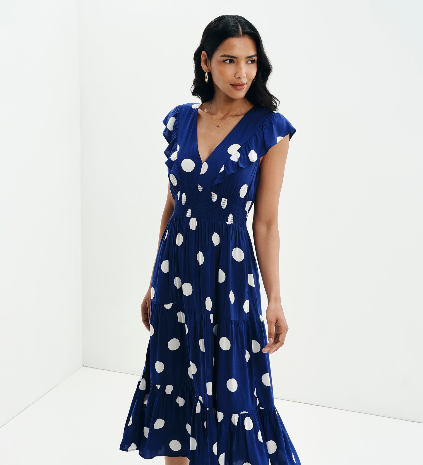Mattie Navy Polka Dot Frill Sleeve Empire Waist Tiered Midi Dress