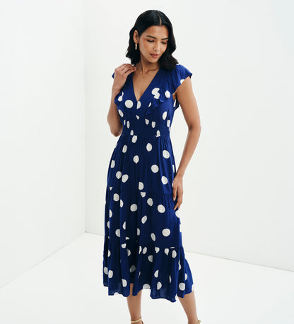 Mattie Navy Polka Dot Frill Sleeve Empire Waist Tiered Midi Dress
