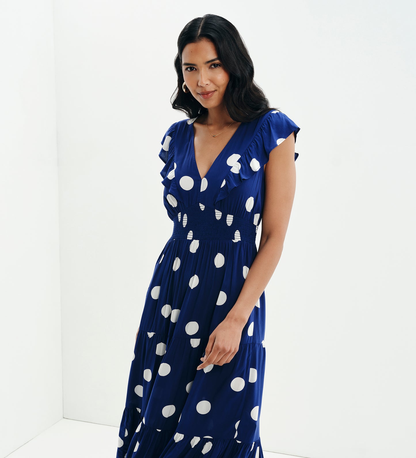 Mattie Navy Polka Dot Frill Sleeve Empire Waist Tiered Midi Dress