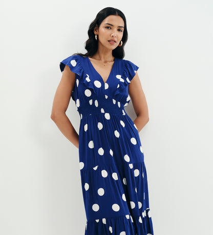 Mattie Navy Polka Dot Frill Sleeve Empire Waist Tiered Midi Dress