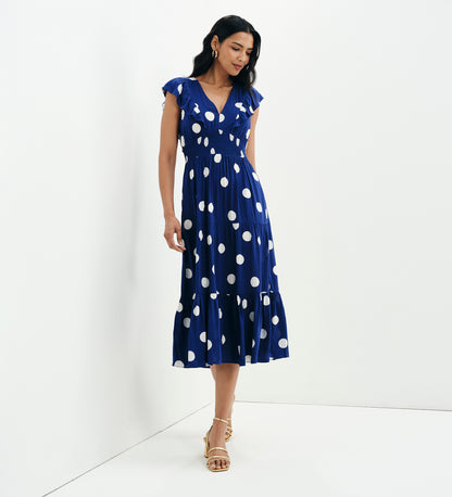 Mattie Navy Polka Dot Frill Sleeve Empire Waist Tiered Midi Dress
