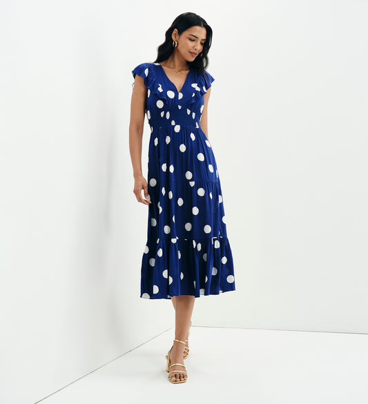 Mattie Navy Polka Dot Frill Sleeve Empire Waist Tiered Midi Dress