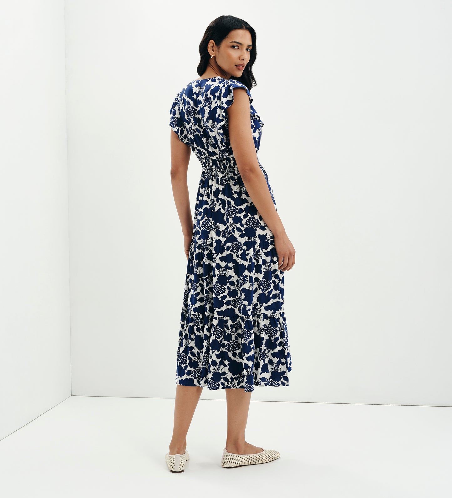 Mattie Navy Floral Frill Sleeve Empire Waist Tiered Midi Dress