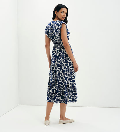 Mattie Navy Floral Frill Sleeve Empire Waist Tiered Midi Dress