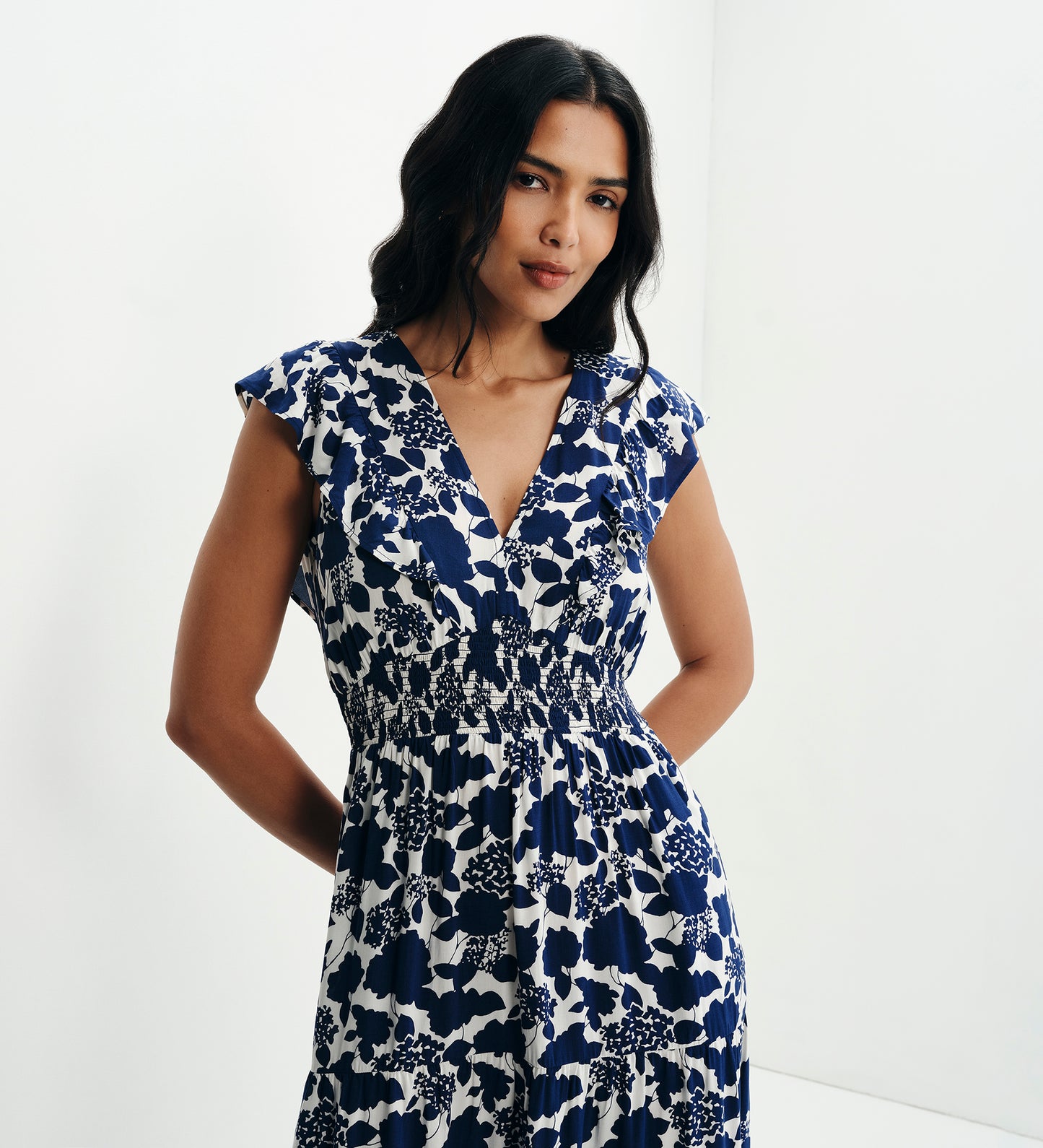 Mattie Navy Floral Frill Sleeve Empire Waist Tiered Midi Dress
