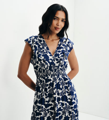 Mattie Navy Floral Frill Sleeve Empire Waist Tiered Midi Dress