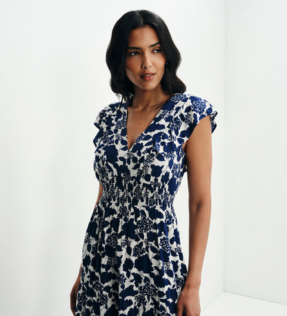 Mattie Navy Floral Frill Sleeve Empire Waist Tiered Midi Dress