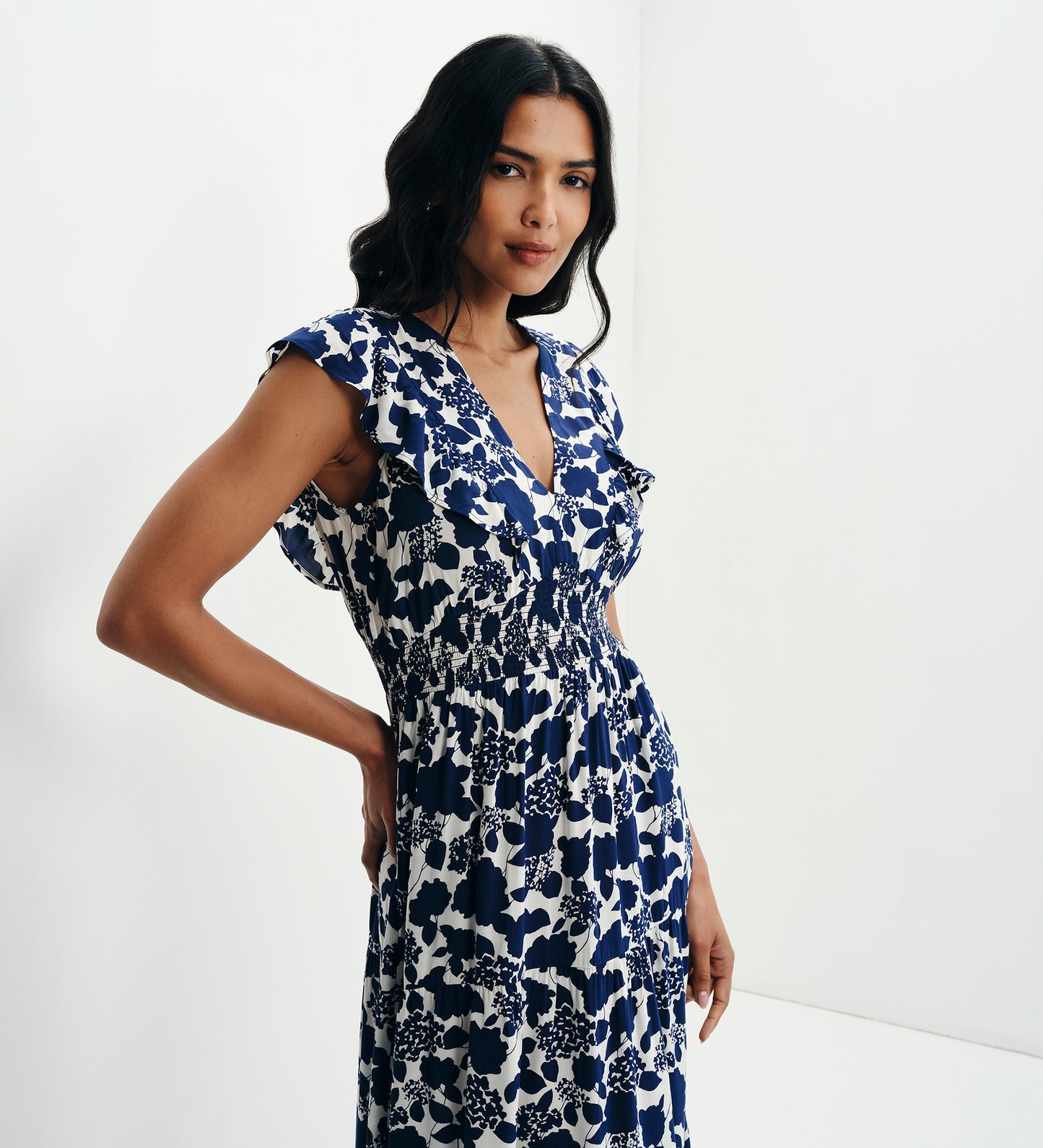 Mattie Navy Floral Frill Sleeve Empire Waist Tiered Midi Dress