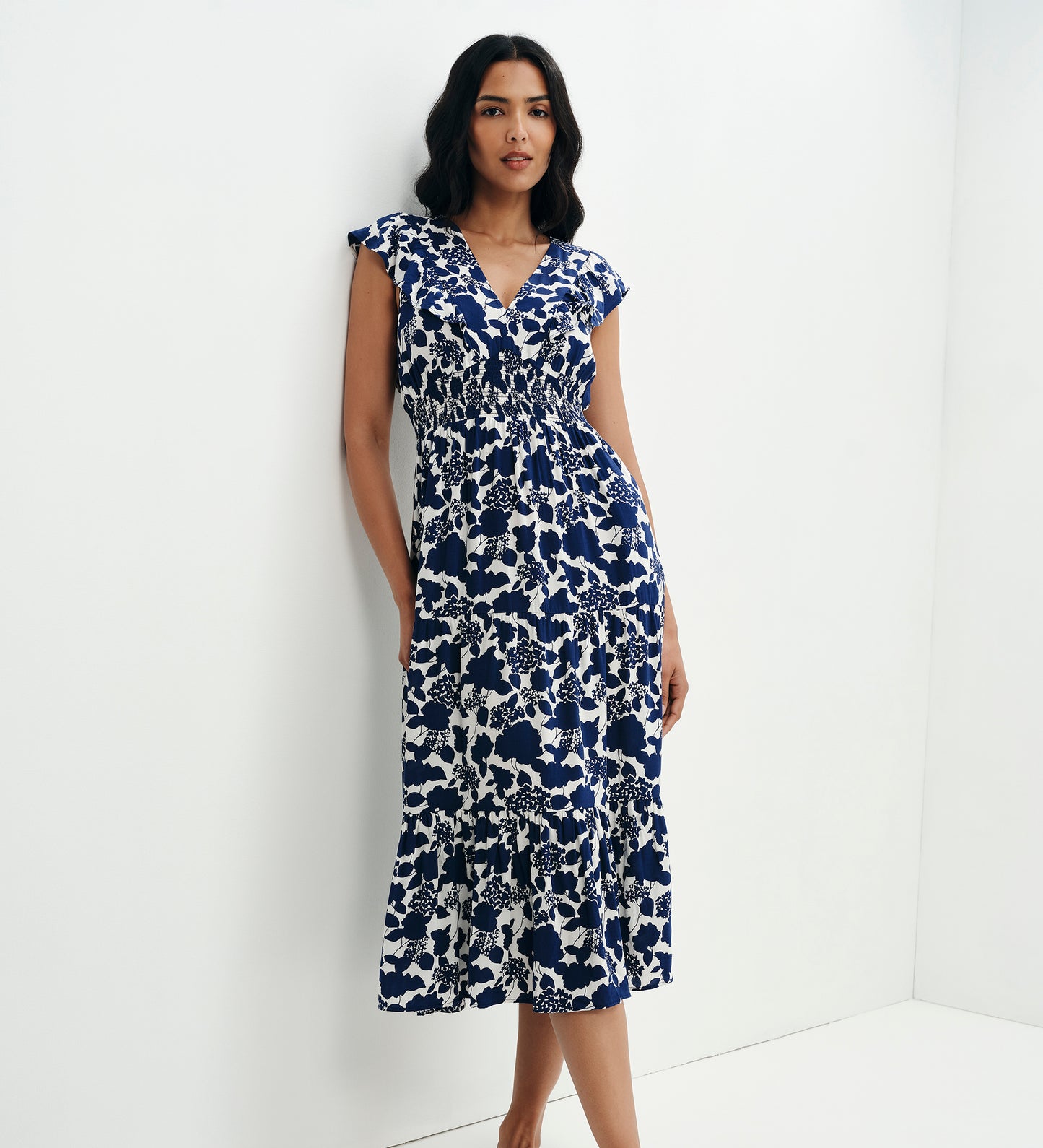 Mattie Navy Floral Frill Sleeve Empire Waist Tiered Midi Dress