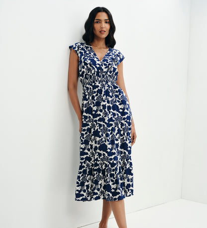 Mattie Navy Floral Frill Sleeve Empire Waist Tiered Midi Dress