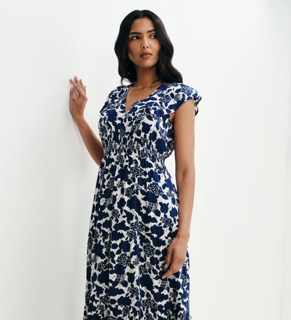 Mattie Navy Floral Frill Sleeve Empire Waist Tiered Midi Dress