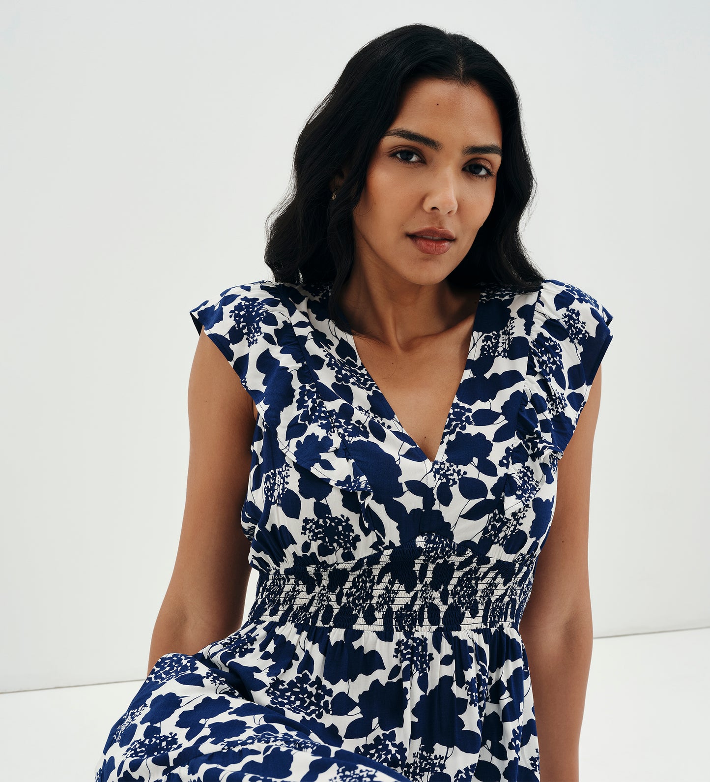 Mattie Navy Floral Frill Sleeve Empire Waist Tiered Midi Dress