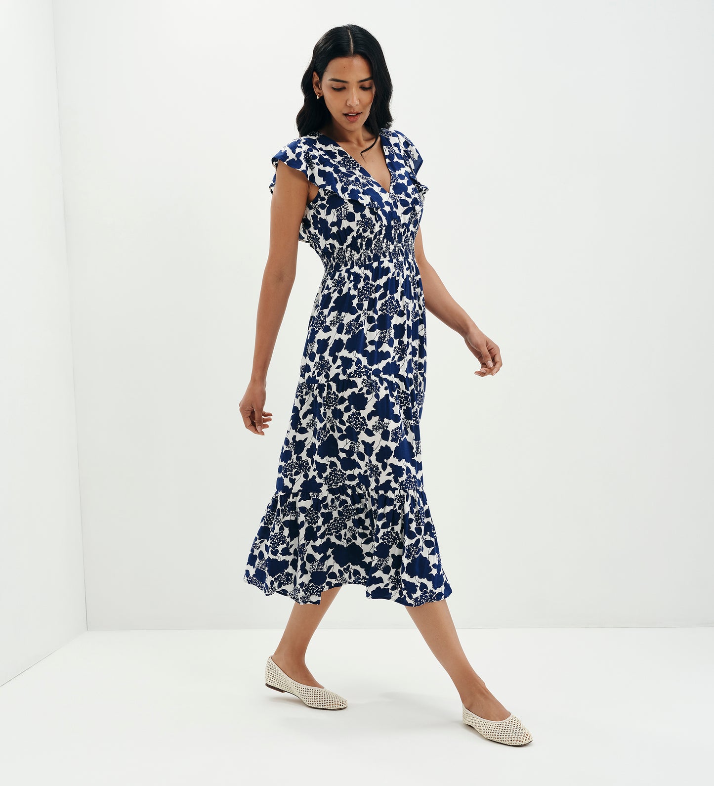 Mattie Navy Floral Frill Sleeve Empire Waist Tiered Midi Dress