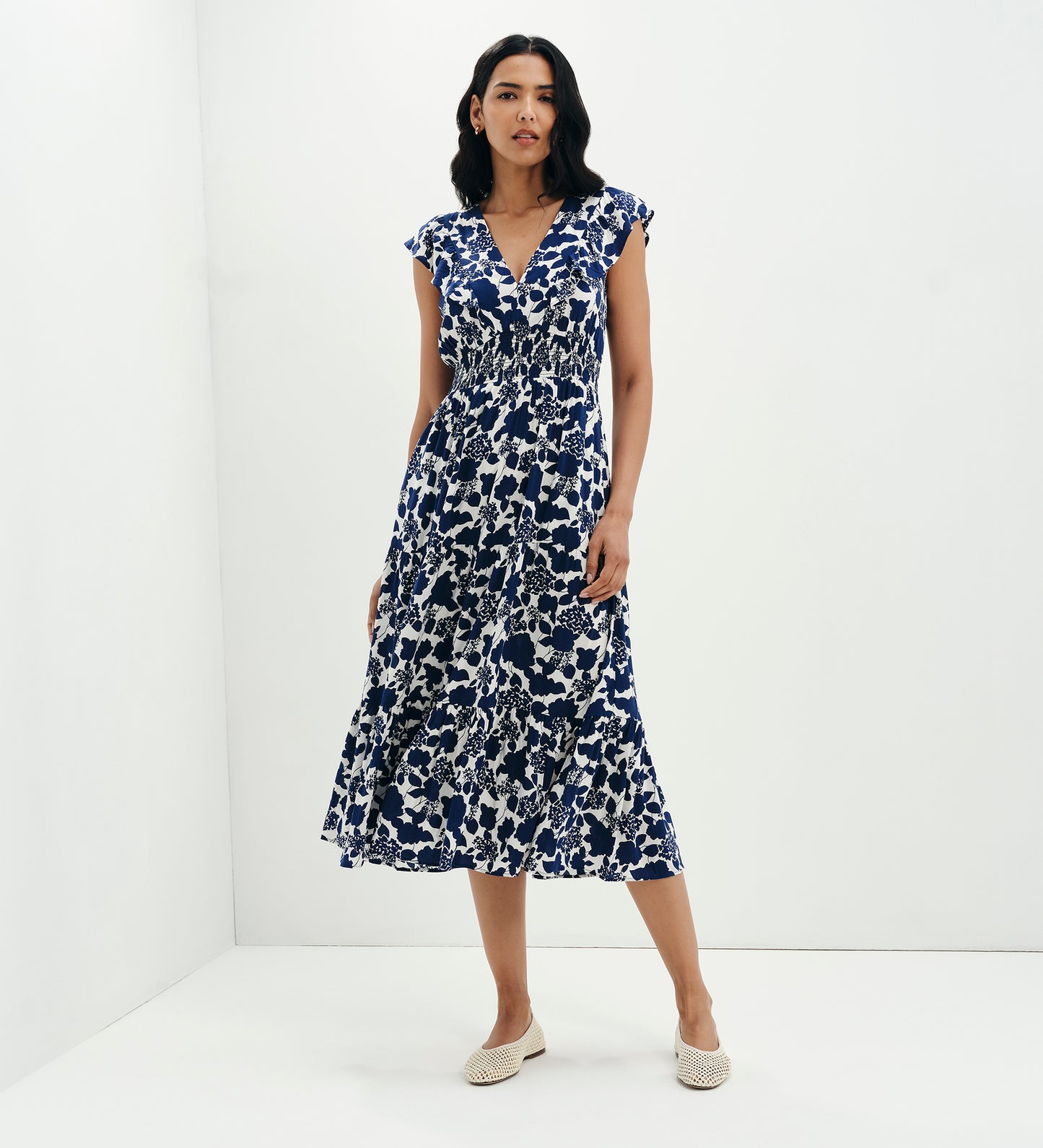 Mattie Navy Floral Frill Sleeve Empire Waist Tiered Midi Dress